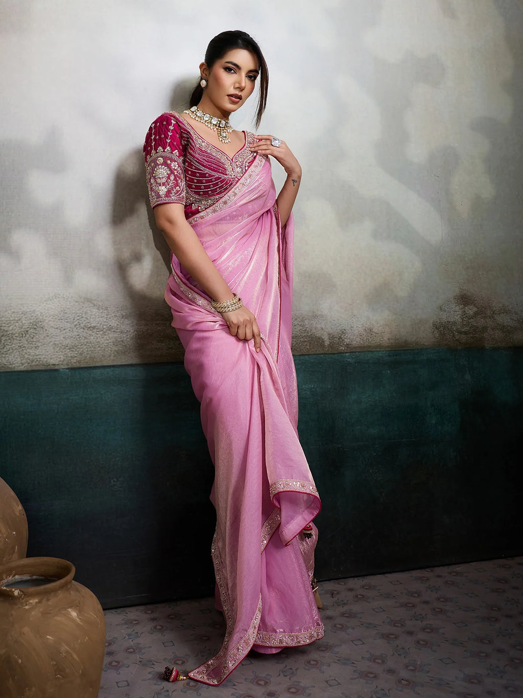 Nayoora Roselle Pink Embroidered Saree