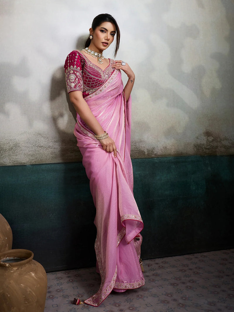 Nayoora Roselle Pink Embroidered Saree