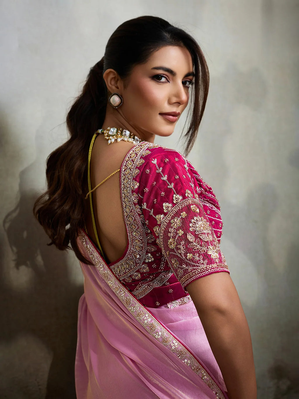 Nayoora Roselle Pink Embroidered Saree