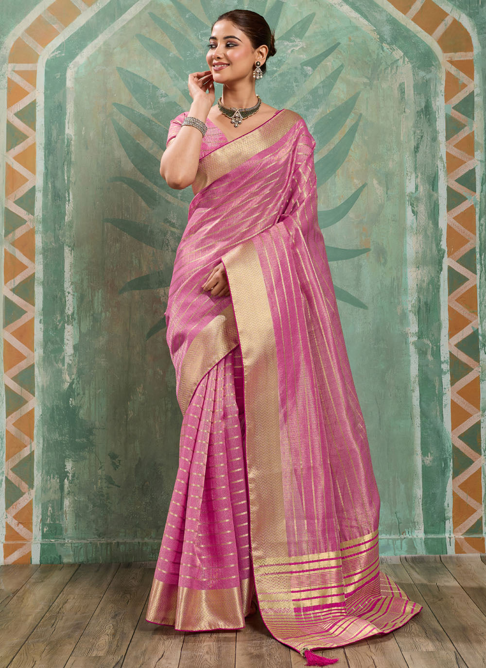 Nayoora Rose Pink Tissue Cotton Zari Saree