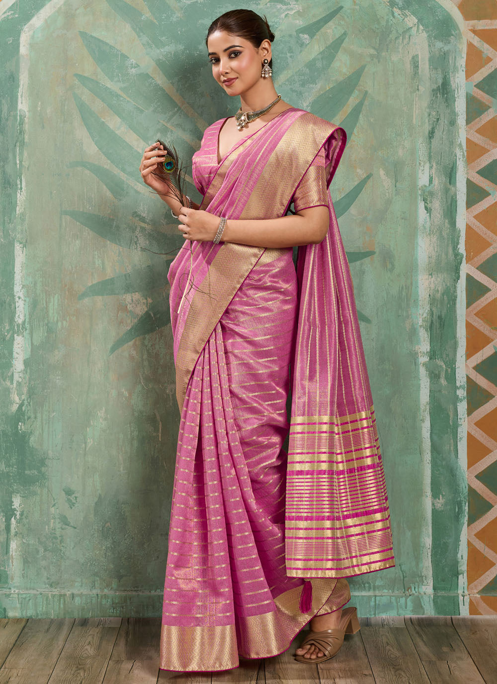 Nayoora Rose Pink Tissue Cotton Zari Saree