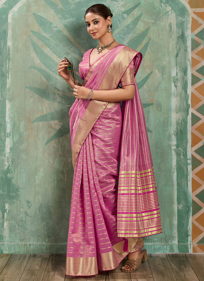 Nayoora Rose Pink Tissue Cotton Zari Saree