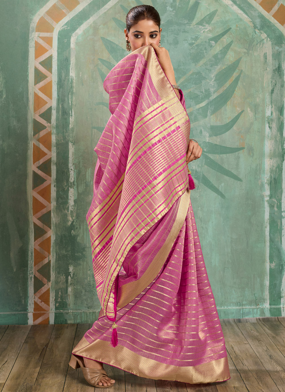 Nayoora Rose Pink Tissue Cotton Zari Saree