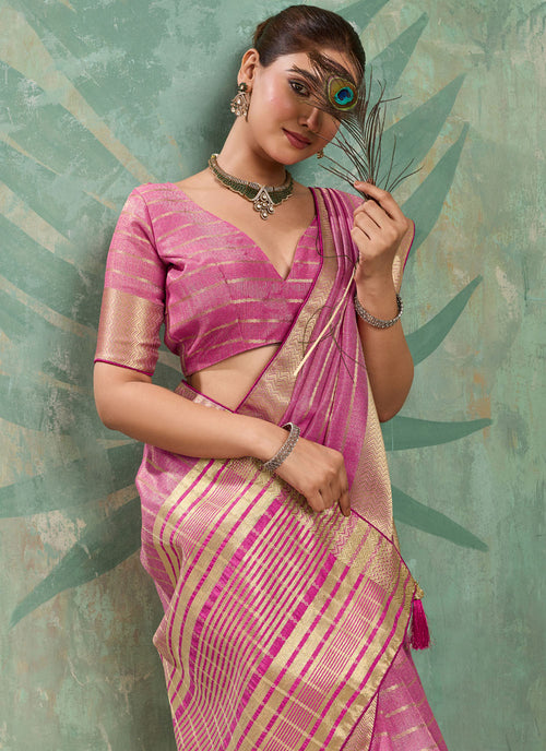 Nayoora Rose Pink Tissue Cotton Zari Saree