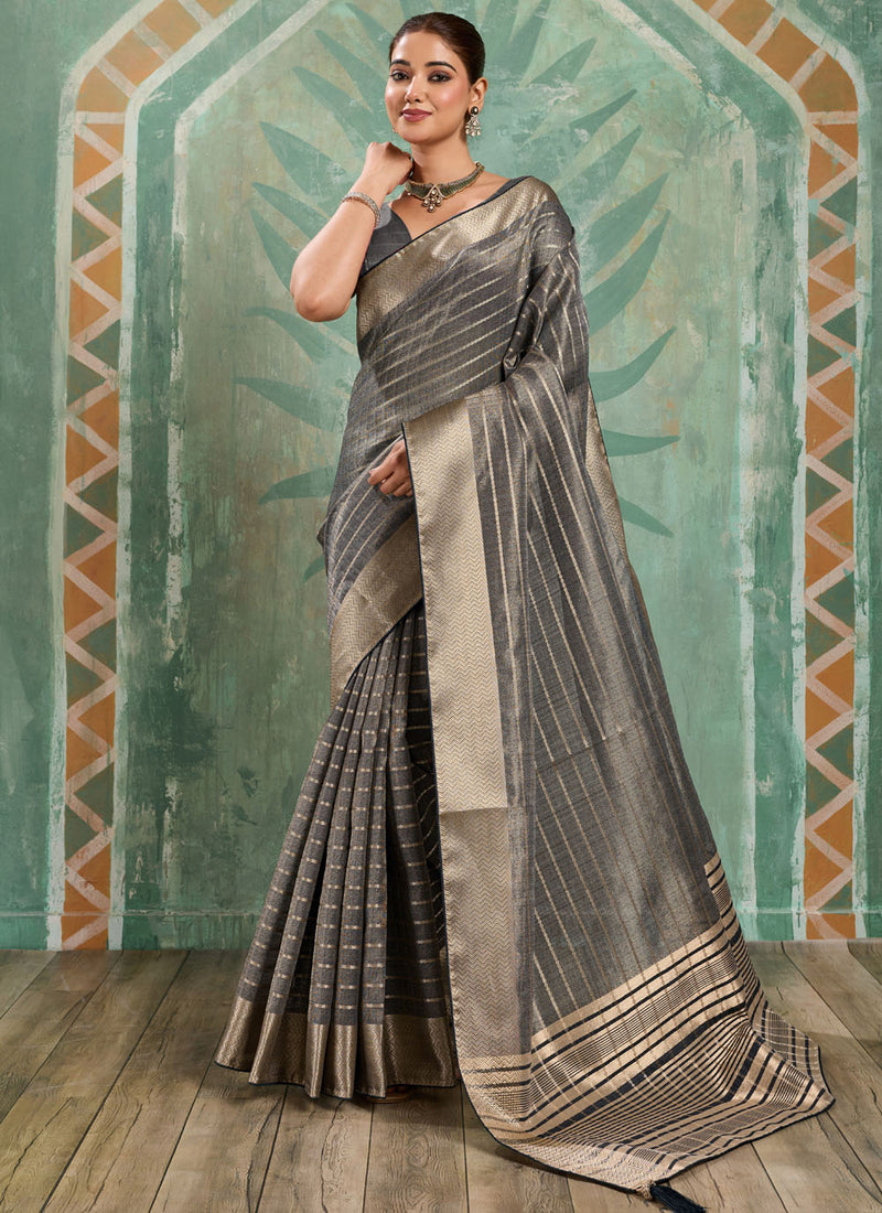 Nayoora Charcoal Grey Tissue Cotton Zari Saree