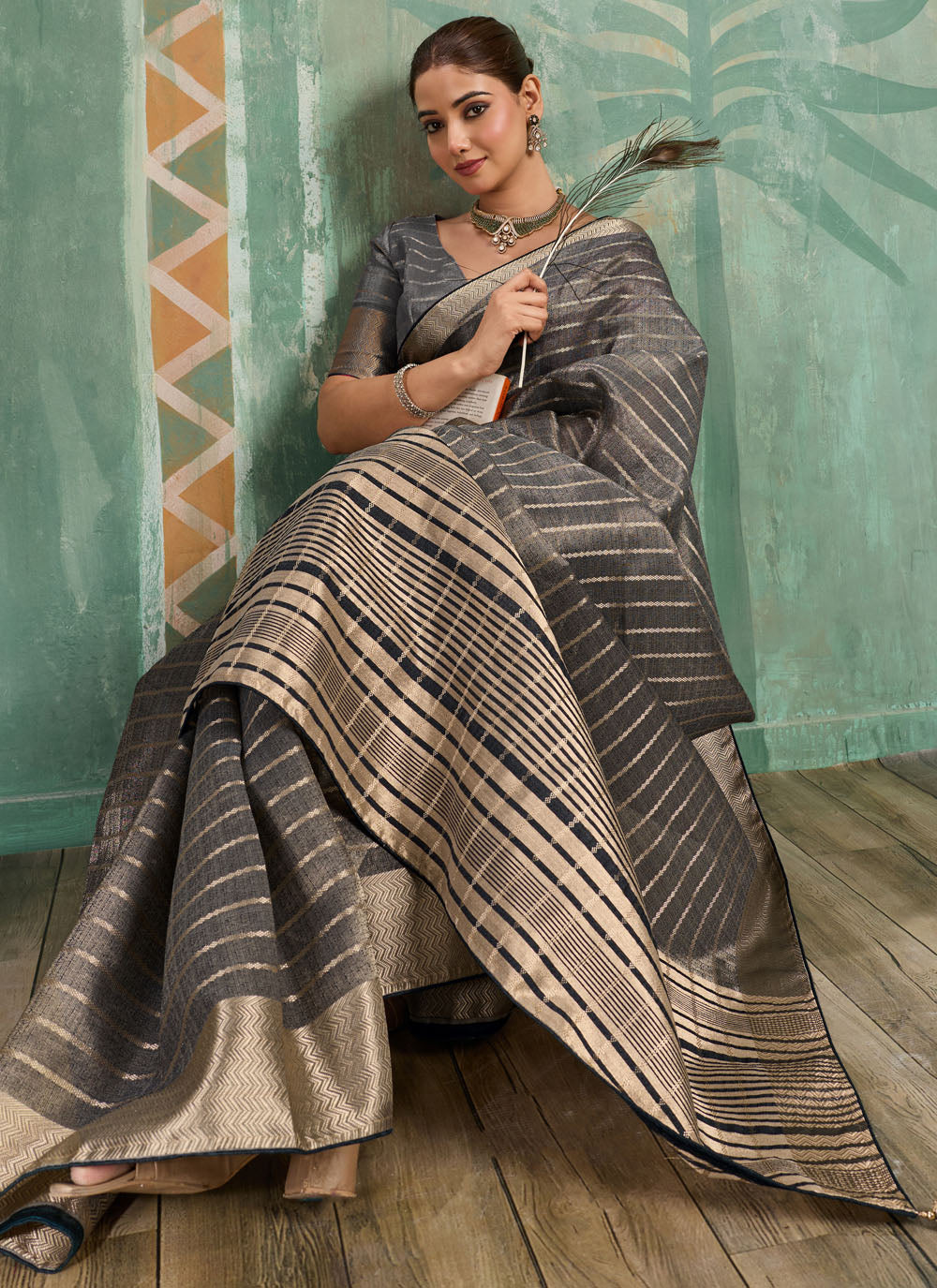 Nayoora Charcoal Grey Tissue Cotton Zari Saree