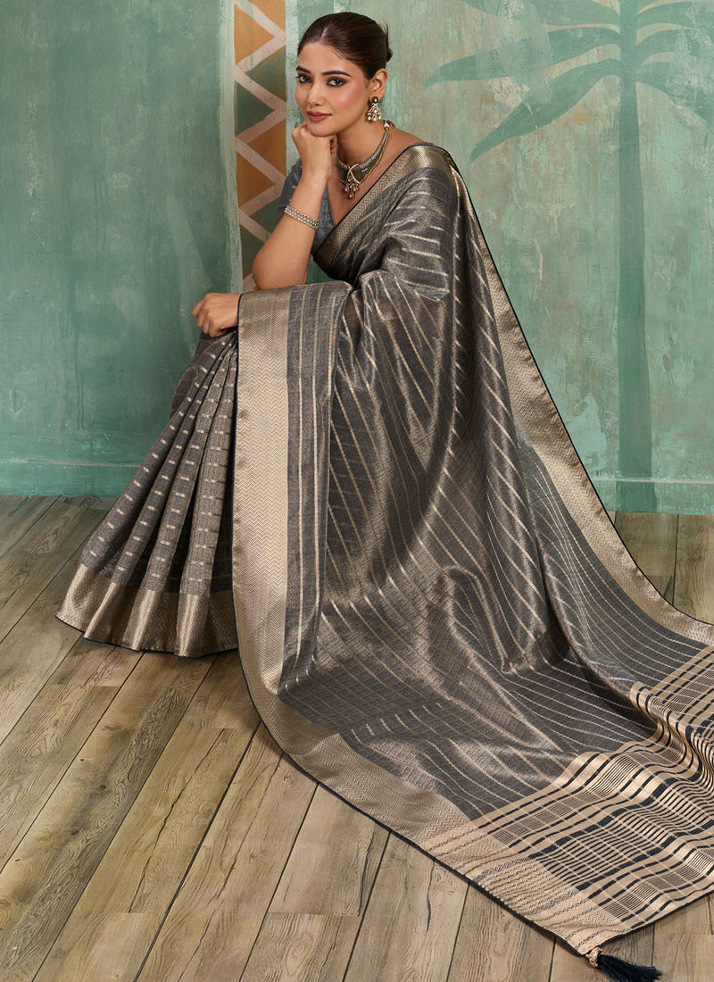 Nayoora Charcoal Grey Tissue Cotton Zari Saree