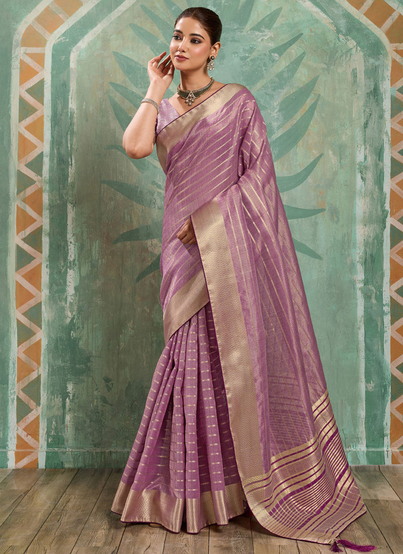 Nayoora Purple Tissue Cotton Zari Work Designer Saree