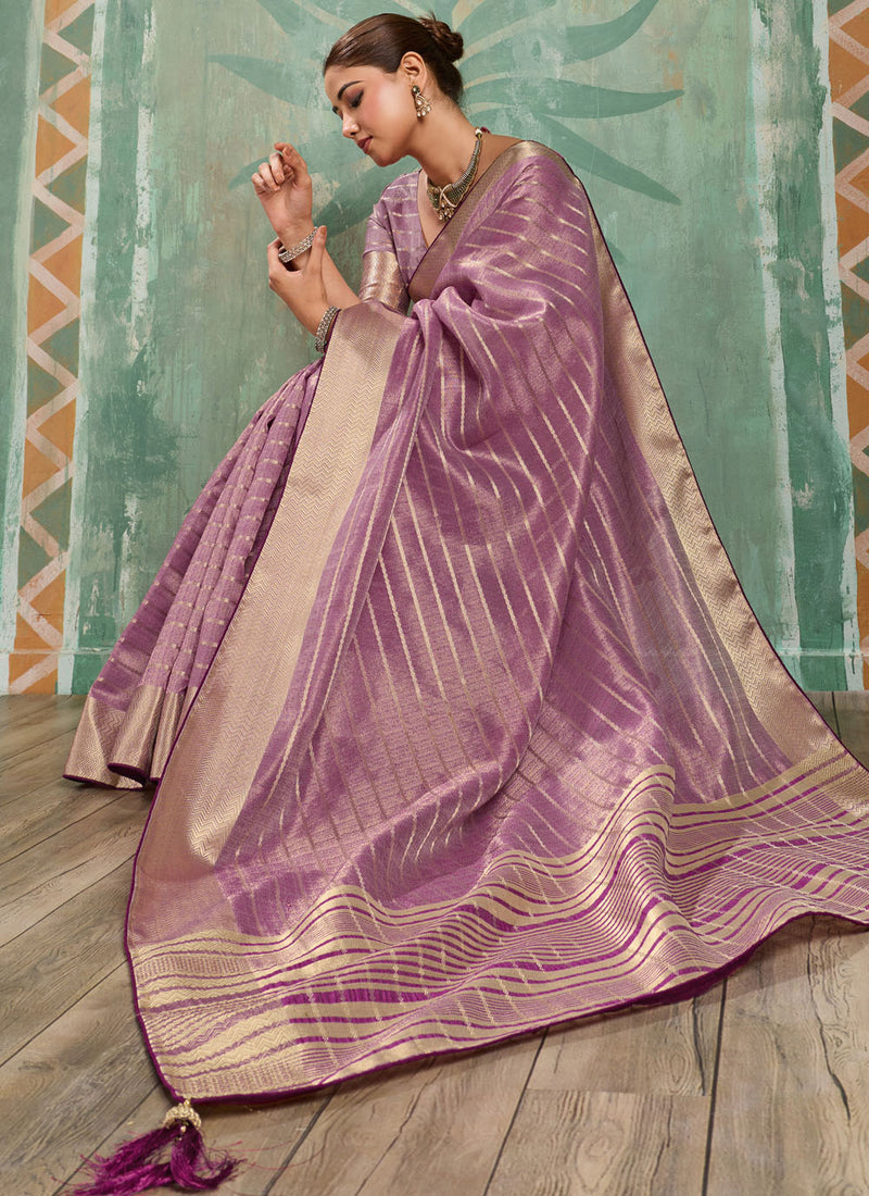Nayoora Purple Tissue Cotton Zari Work Designer Saree