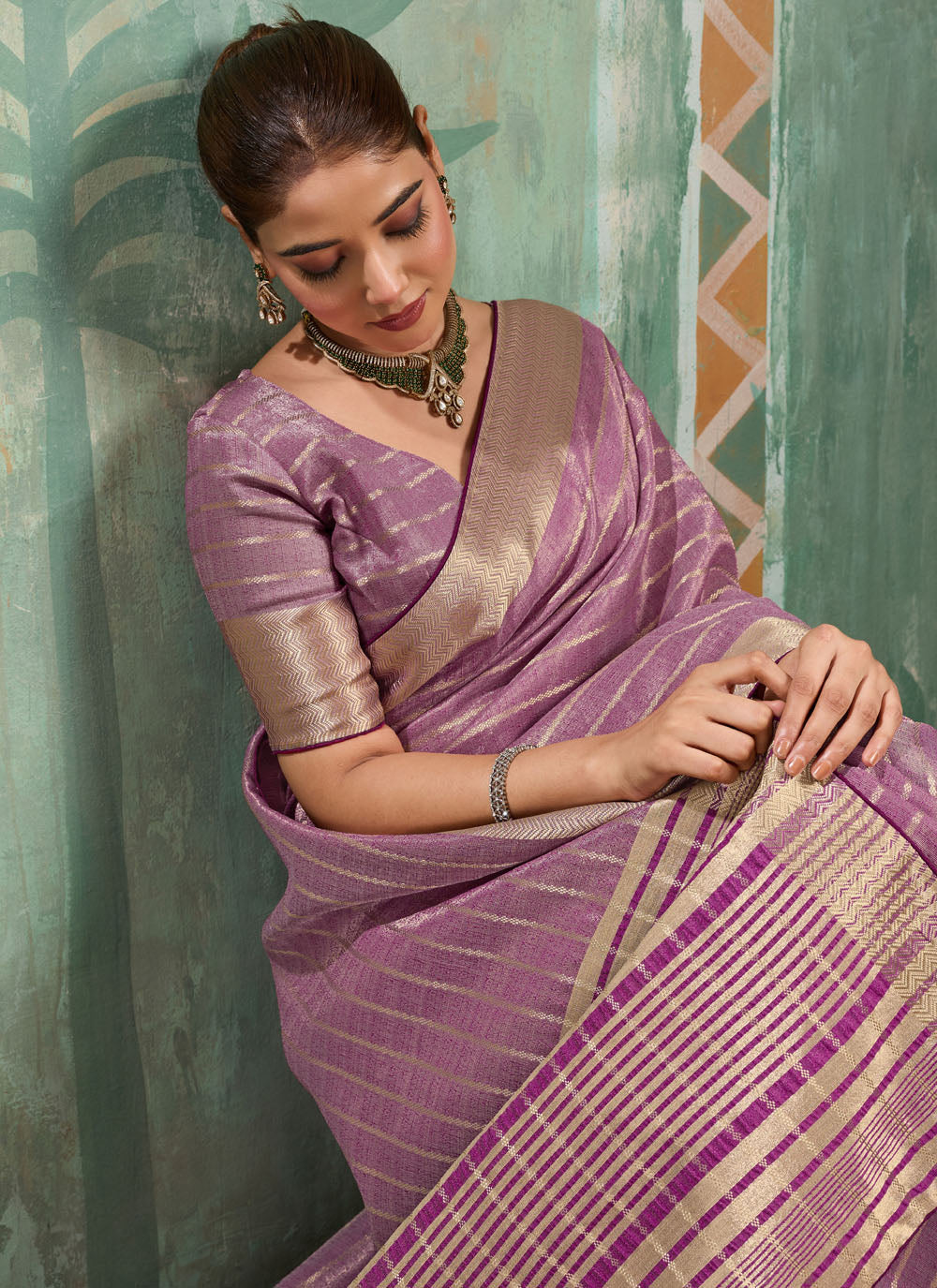 Nayoora Purple Tissue Cotton Zari Work Designer Saree