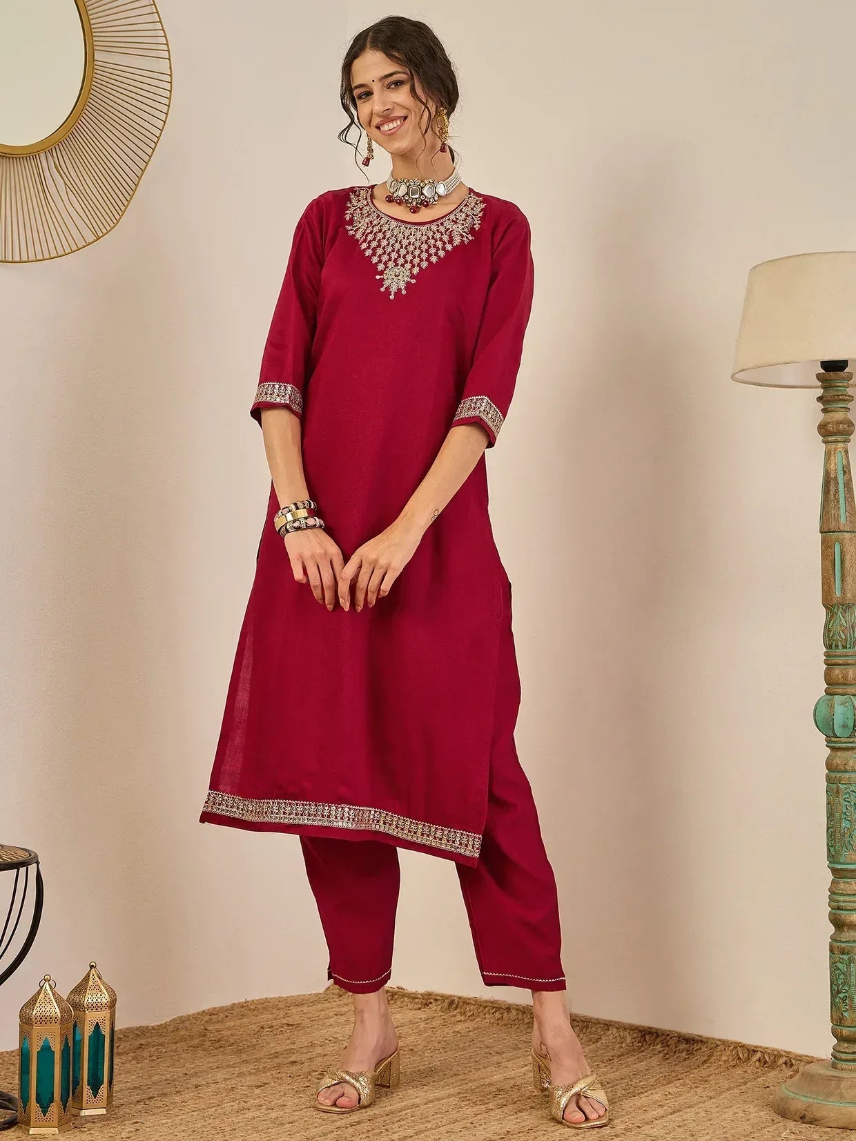 Nayoora Luxe Deep Maroon Viscose Rayon Embroidered Suit Set with Chanderi Dupatta - Nayoora
