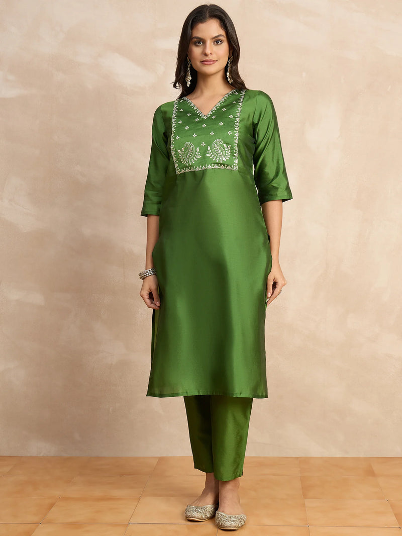 Nayoora Olive Green Silk Blend Embroidered Kurta Pant Set with Dupatta
