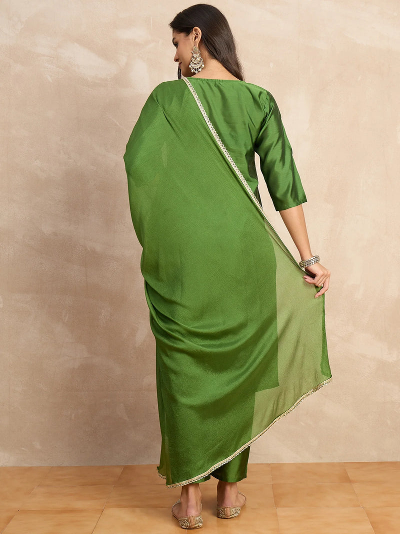 Nayoora Olive Green Silk Blend Embroidered Kurta Pant Set with Dupatta