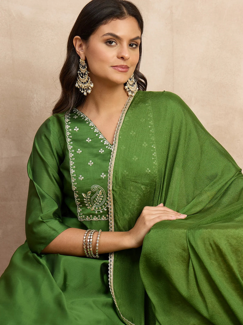 Nayoora Olive Green Silk Blend Embroidered Kurta Pant Set with Dupatta