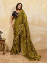 Nayoora Olive Green Metallic Saree With Brown Blouse