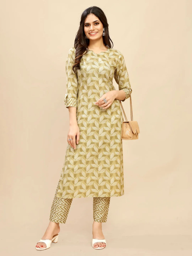 Printed cotton kurta and pants set in light green and cream, front view