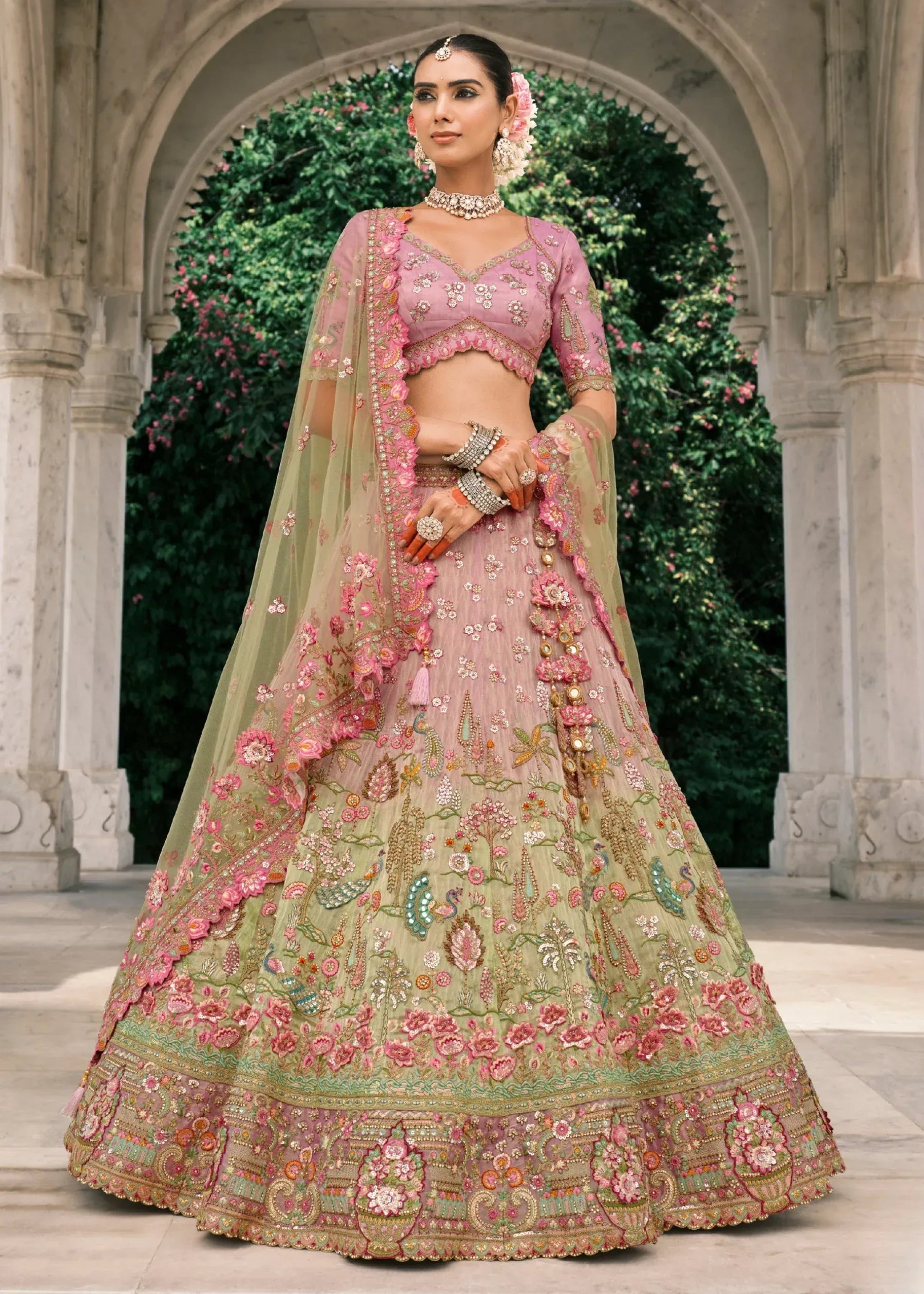 Nayoora Luxe Pastel Pink & Mint Ombre Cutwork Couture Lehenga - Nayoora