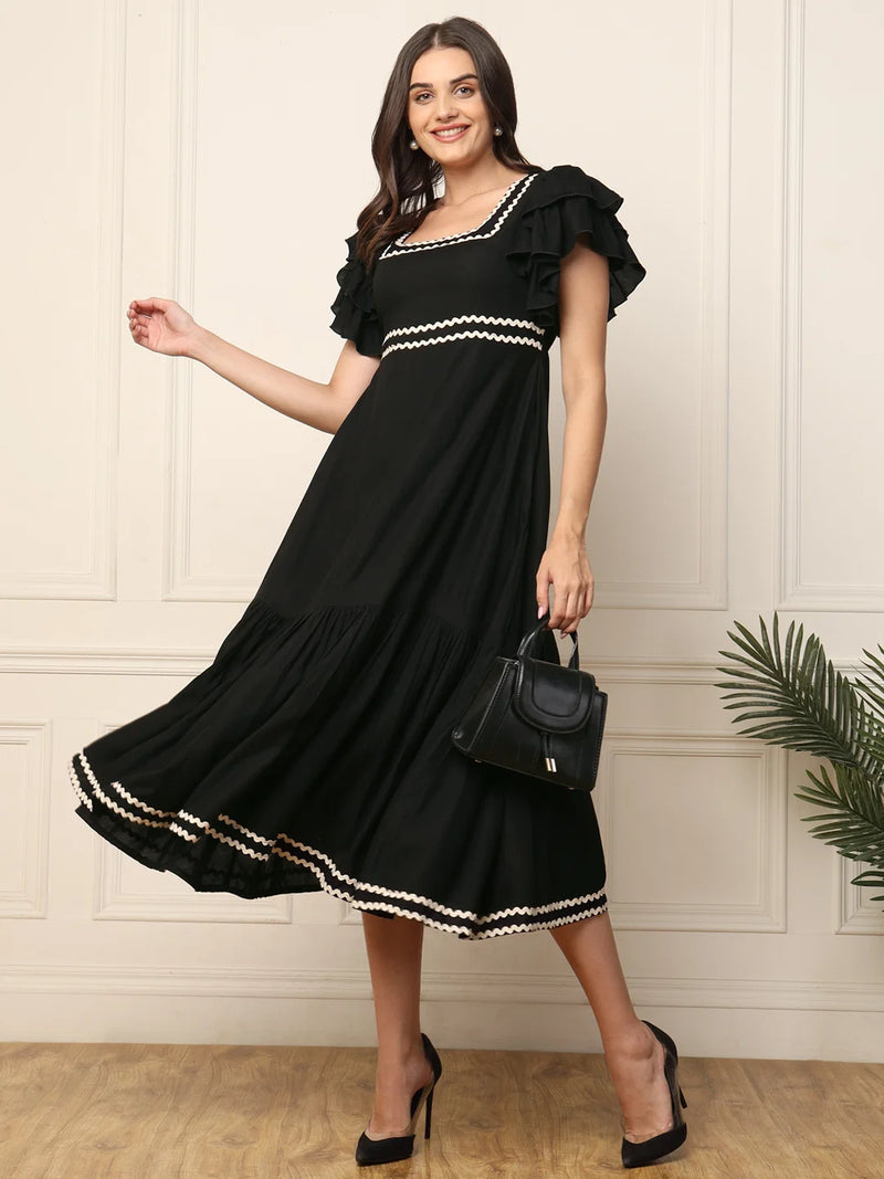 Nayoora Black Solid Ruffle Sleeve Fit & Flare Midi Dress