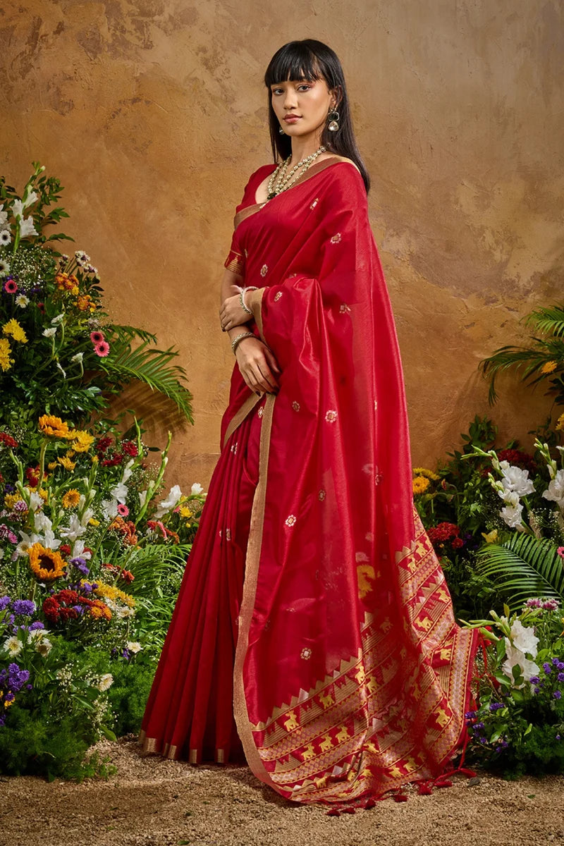Nayoora Red Tussar Silk Handloom Saree with Traditional Woven Border