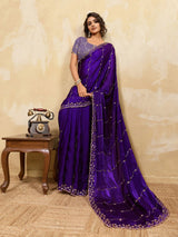 Nayoora Deep Purple Embroidered Designer Saree With Lavender Blouse