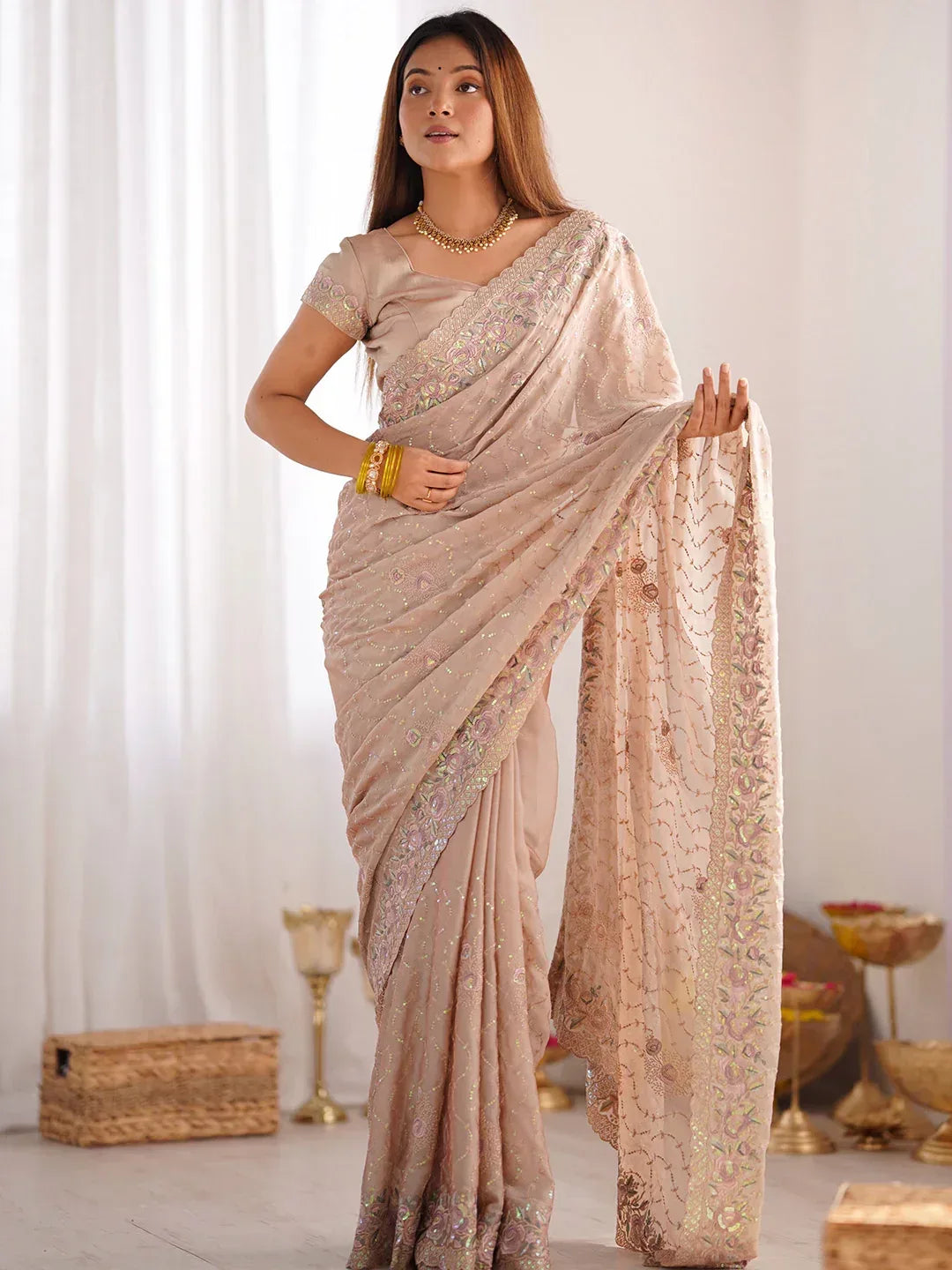 Nayoora Luxe Champagne Beige Crushed Silk Multi-Sequin Saree - Nayoora