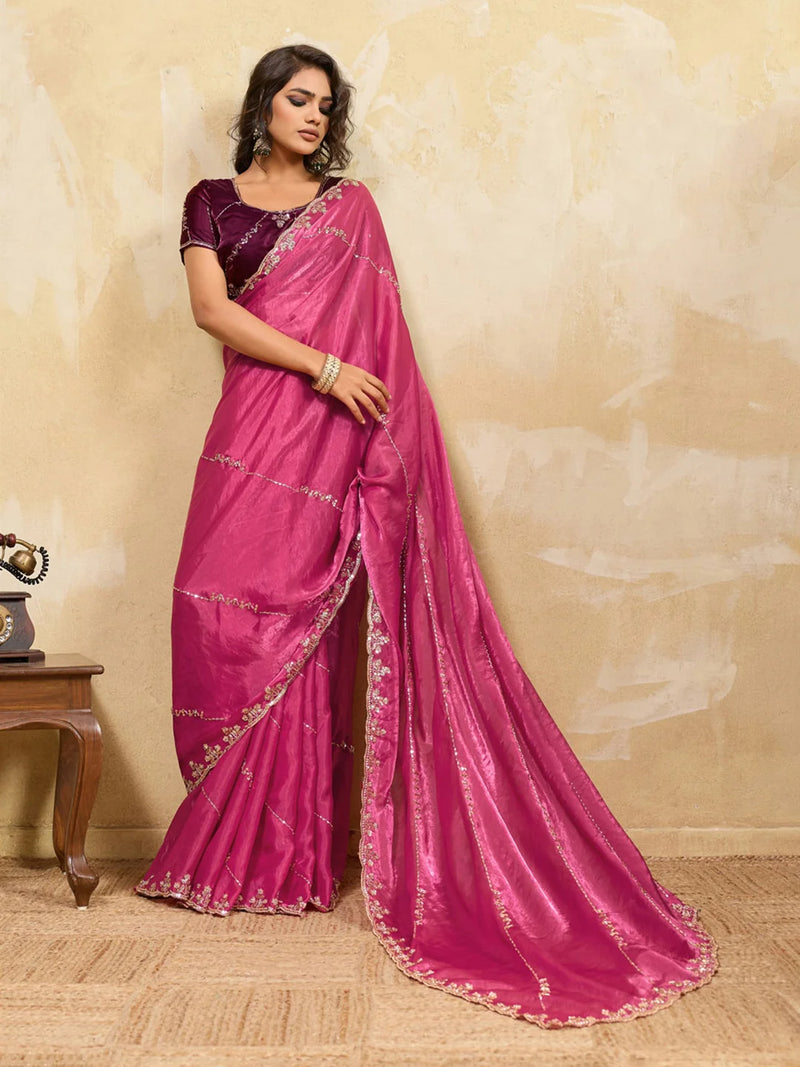 Nayoora Pink Embroidered Designer Saree With Wine Blouse