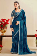 Nayoora Teal Blue Georgette Embroidered Designer Saree with Blouse