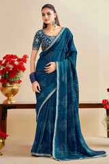 Nayoora Teal Blue Georgette Embroidered Designer Saree with Blouse