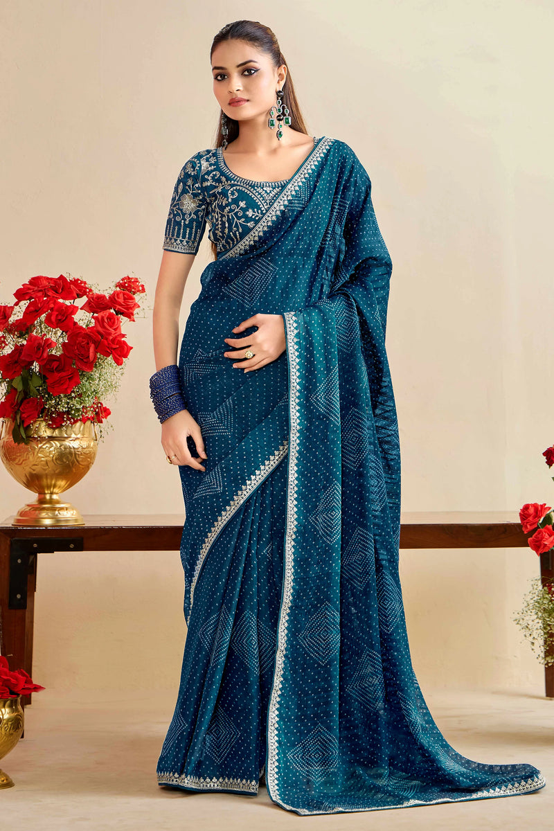 Nayoora Teal Blue Georgette Embroidered Designer Saree with Blouse