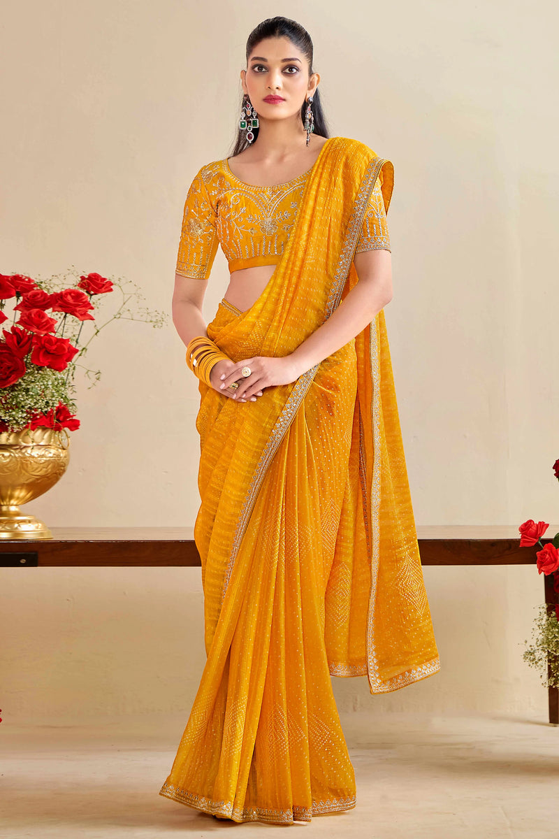 Nayoora Mustard Yellow Georgette Embroidered Designer Saree with Blouse