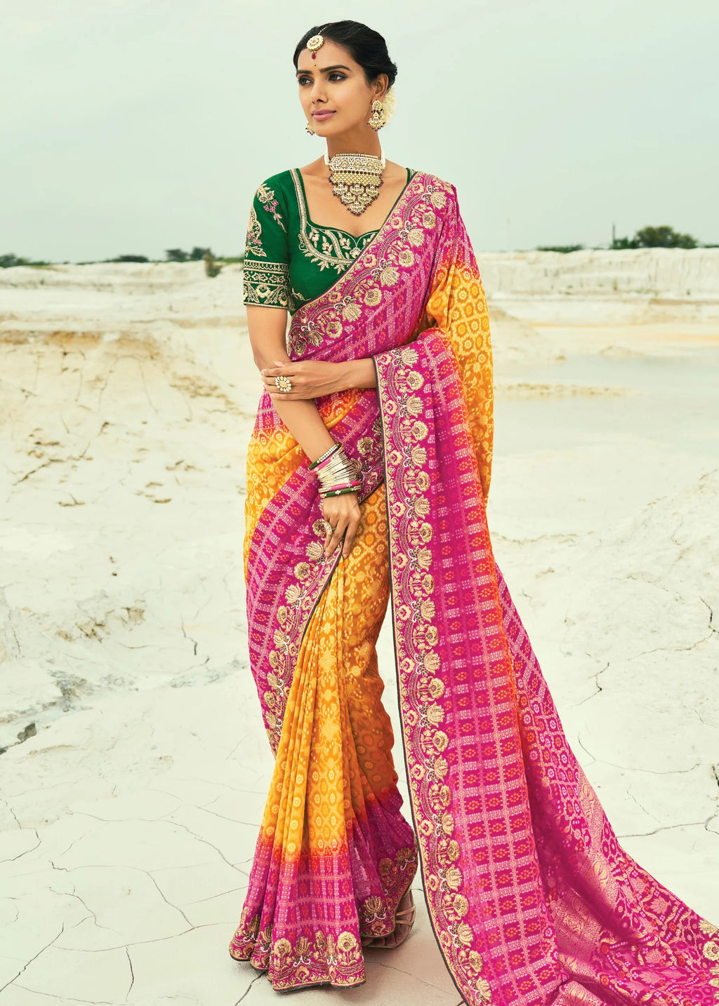 Nayoora Royal Sunset Pink & Mustard Georgette Embroidered Saree