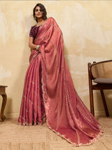 Nayoora Rose Pink Embroidered Designer Saree With Wine Blouse