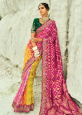 Nayoora Rani Pink & Sunshine Yellow Georgette Woven Saree with Emerald Green Embroidered Blouse
