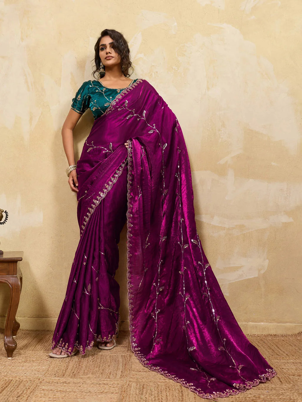 Nayoora Magenta Embroidered Designer Saree With Teal Blouse