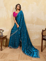 Nayoora Teal Blue Embroidered Designer Saree With Pink Blouse