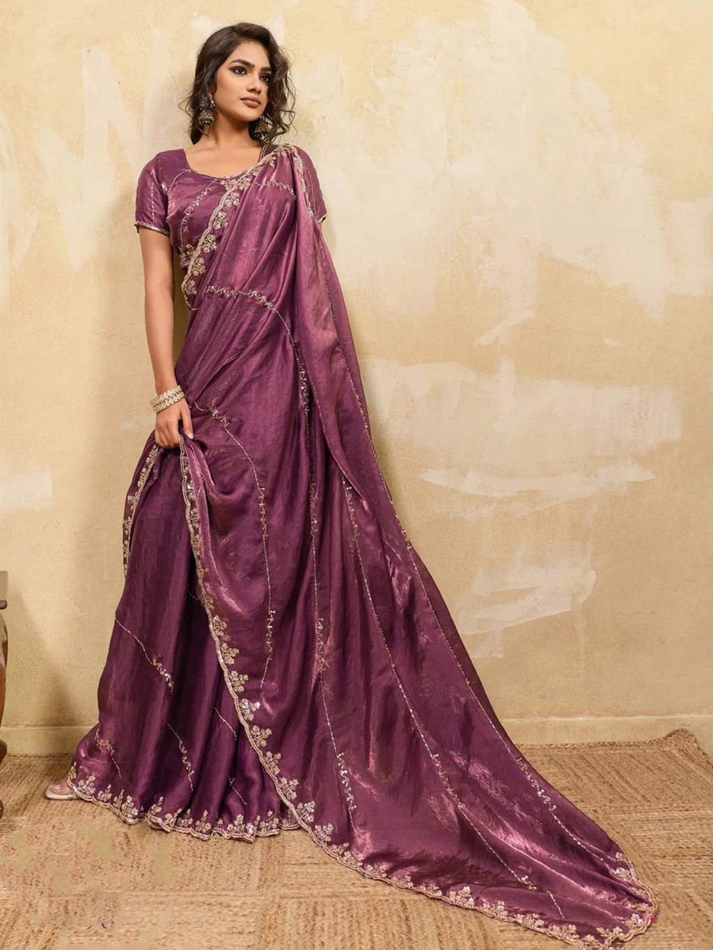 Nayoora Wine Purple Embroidered Designer Saree With Matching Blouse