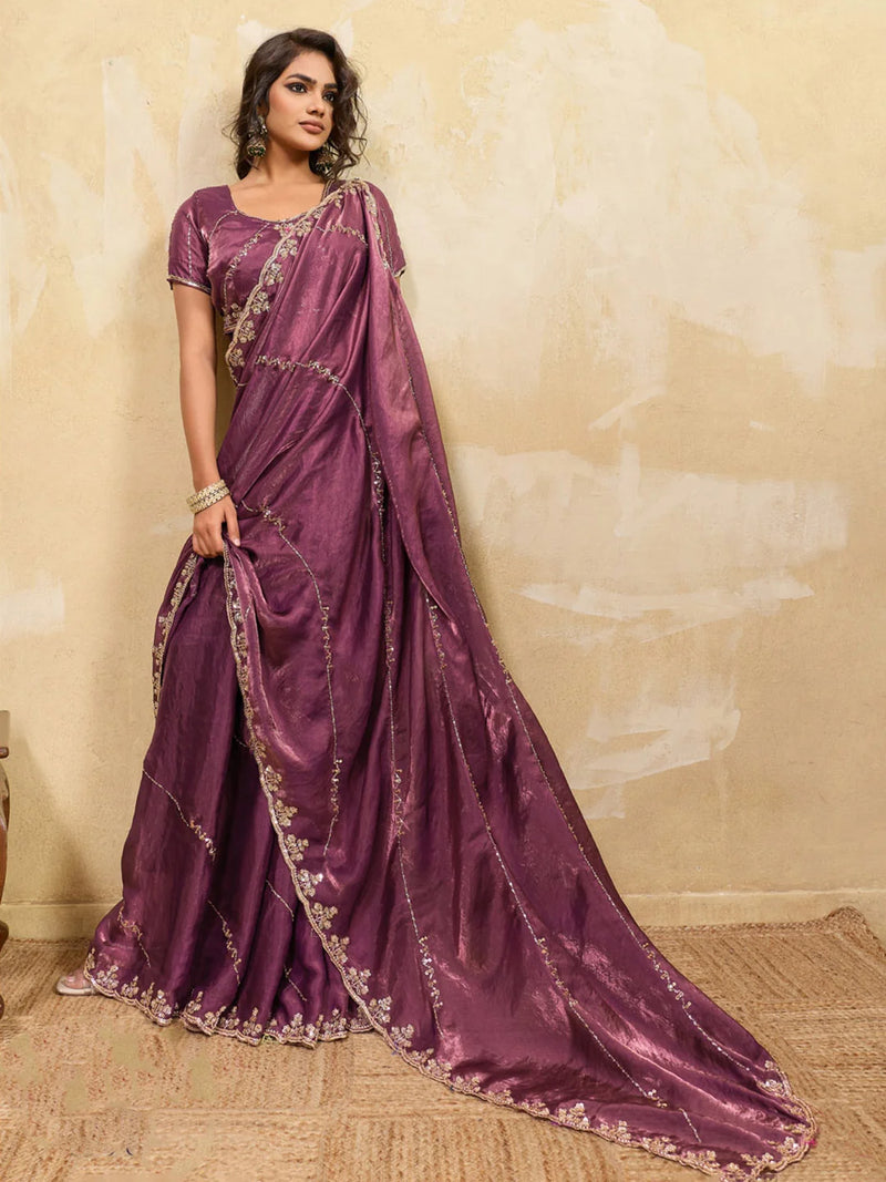 Nayoora Wine Purple Embroidered Designer Saree With Matching Blouse