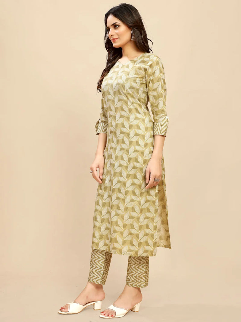 Printed cotton kurta and pants set in light green and cream, side view with pants