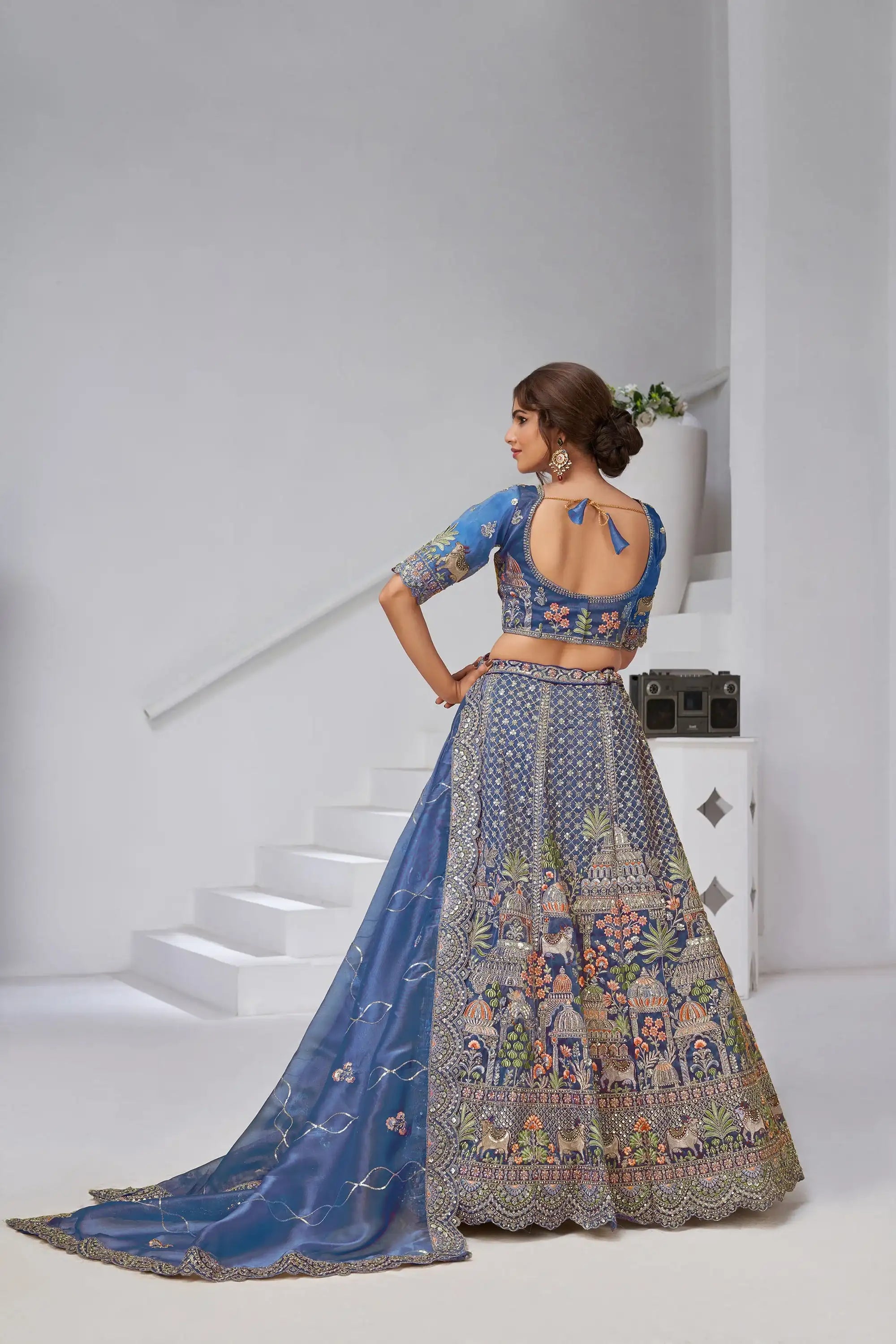 Nayoora Teal Regalia Artisanal Organza Tissue Heritage Lehenga