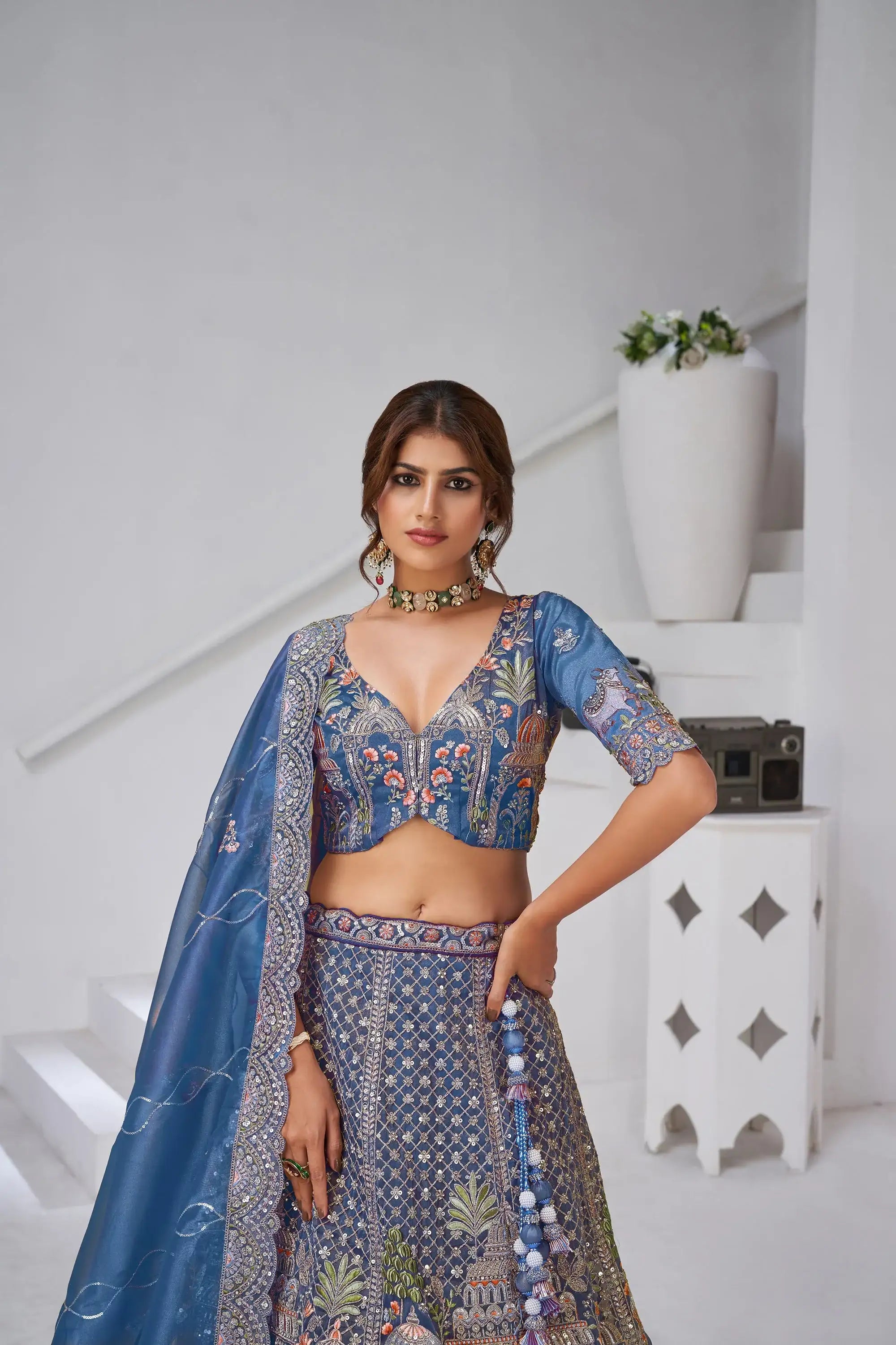 Nayoora Teal Regalia Artisanal Organza Tissue Heritage Lehenga