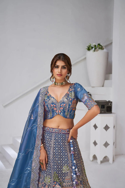 Nayoora Teal Regalia Artisanal Organza Tissue Heritage Lehenga