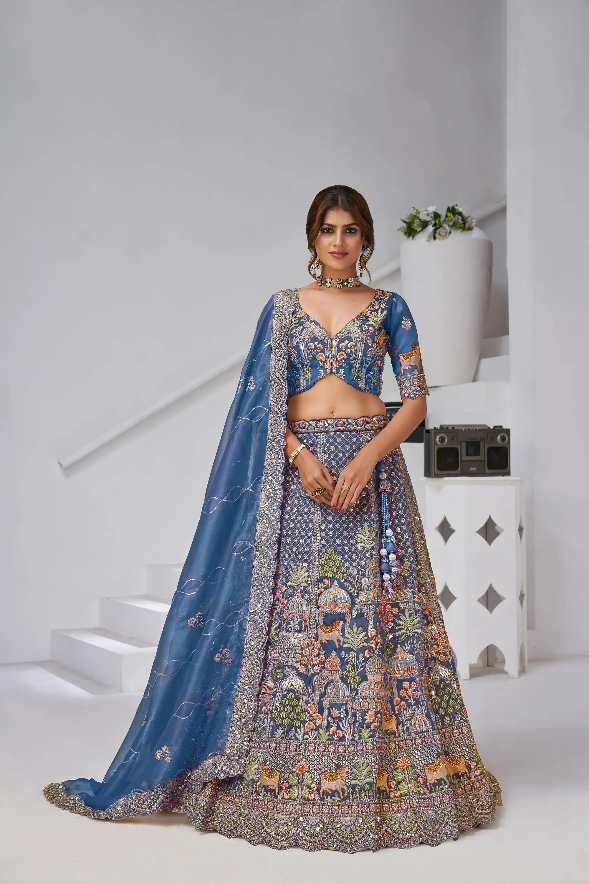 Nayoora Teal Regalia Artisanal Organza Tissue Heritage Lehenga