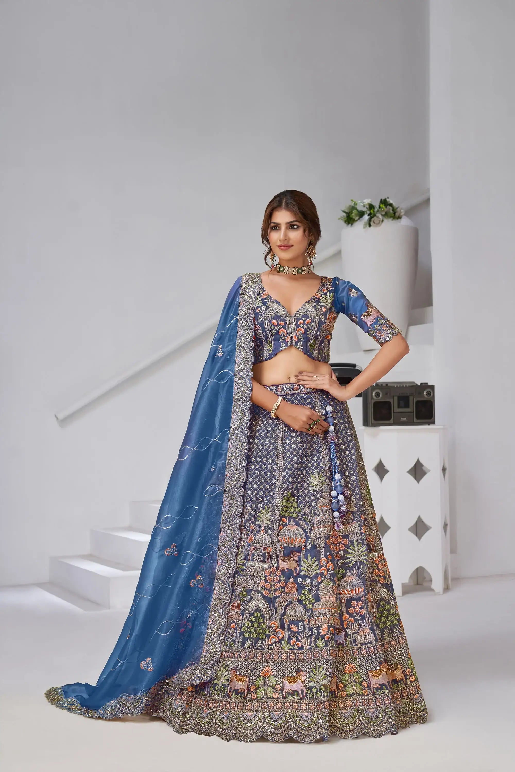 Nayoora Teal Regalia Artisanal Organza Tissue Heritage Lehenga