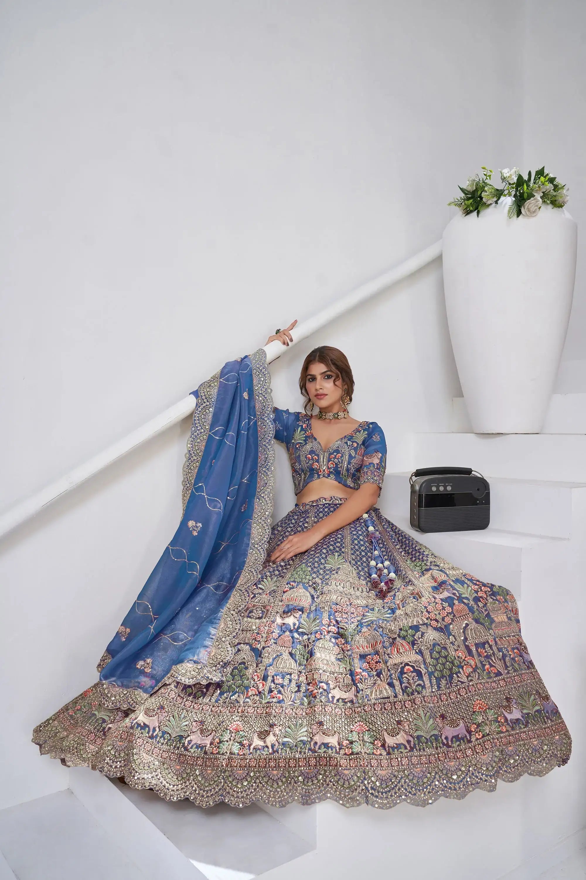 Nayoora Teal Regalia Artisanal Organza Tissue Heritage Lehenga