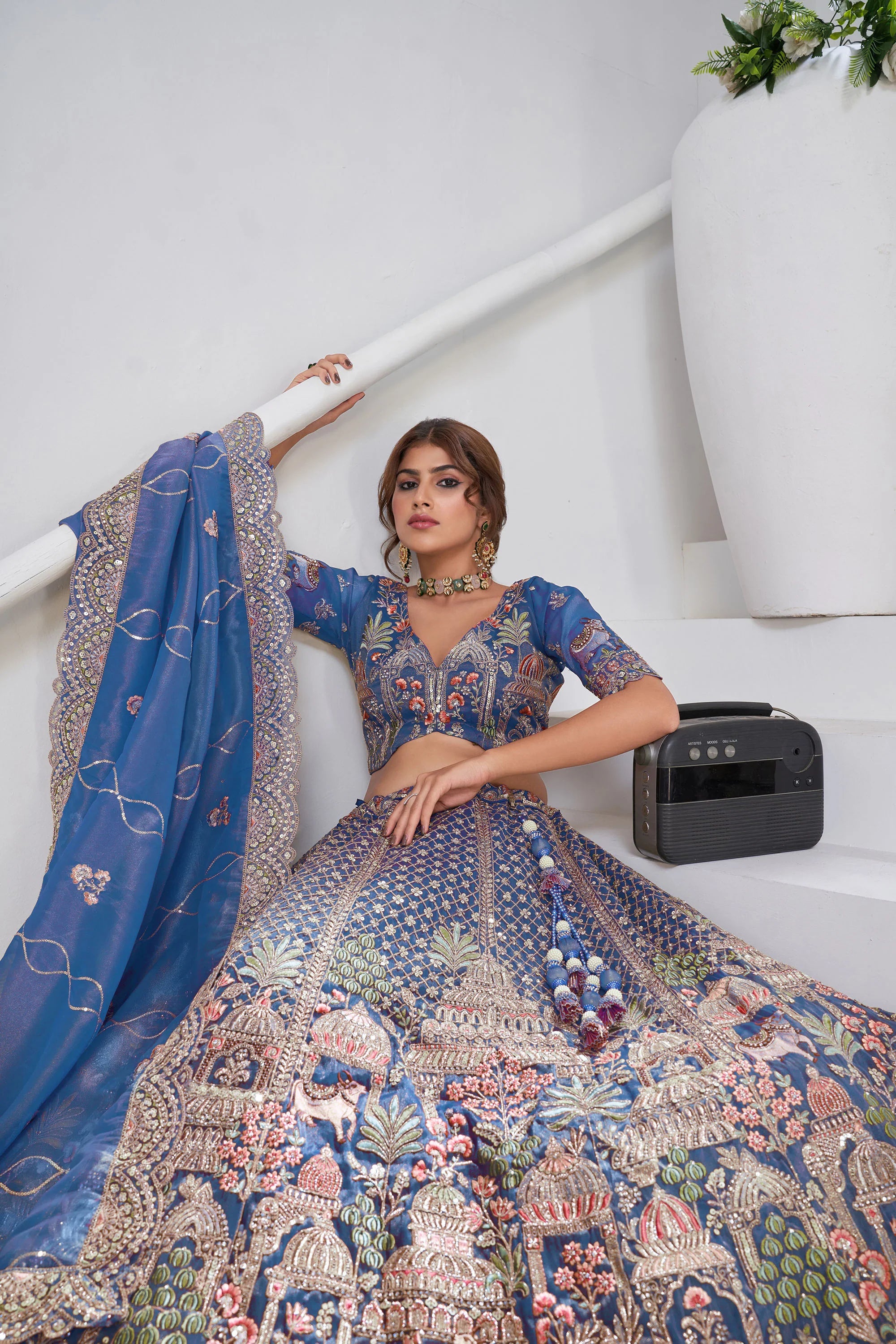 Nayoora Teal Regalia Artisanal Organza Tissue Heritage Lehenga