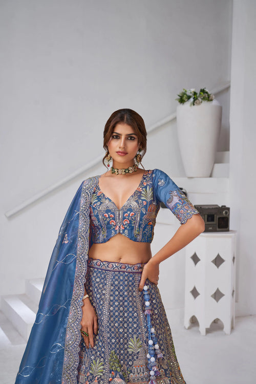 Nayoora Teal Regalia Artisanal Organza Tissue Heritage Lehenga