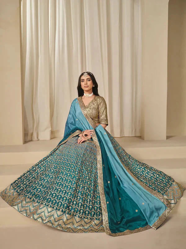 Nayoora Teal Blue Premium Chinnon Silk Lehenga Choli with Heavy Work