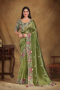 Nayoora Luxe Metallic Mehendi Green Crushed Paper Silk Saree with Belt - Nayoora