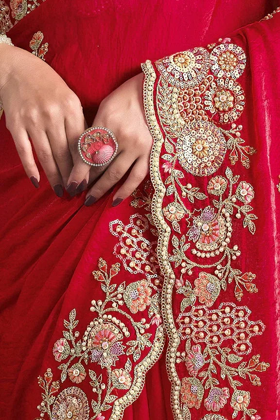 Nayoora Luxe Cherry Red Crushed Paper Silk Saree with Belt - Nayoora