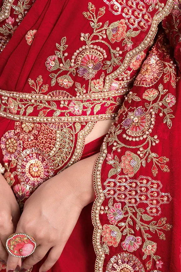 Nayoora Luxe Cherry Red Crushed Paper Silk Saree with Belt - Nayoora